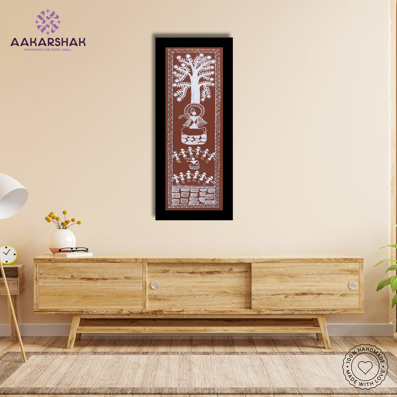 Framed artwork of a colorful krishna-with handmade warli painting