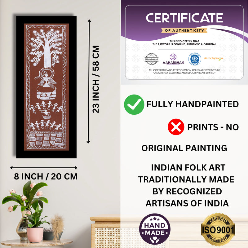 Framed artwork with dimensions, authenticity certificate and handmade iso certified-krishna warli painting