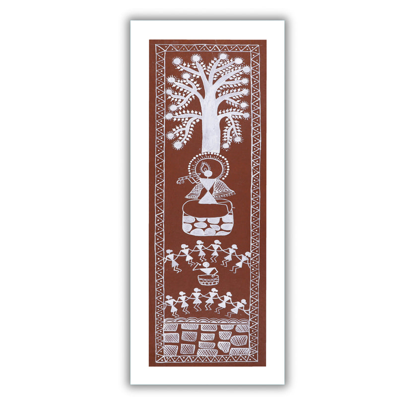 Framed artwork of a colorful krishna -with handmade warli painting