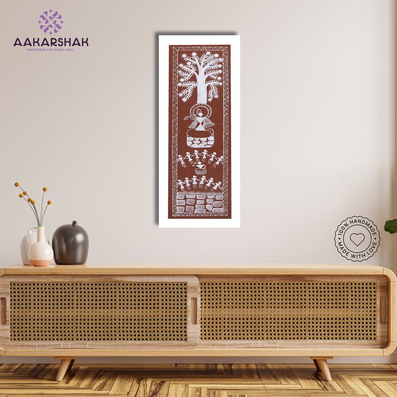 Framed artwork of a colorful krishna-with handmade warli painting