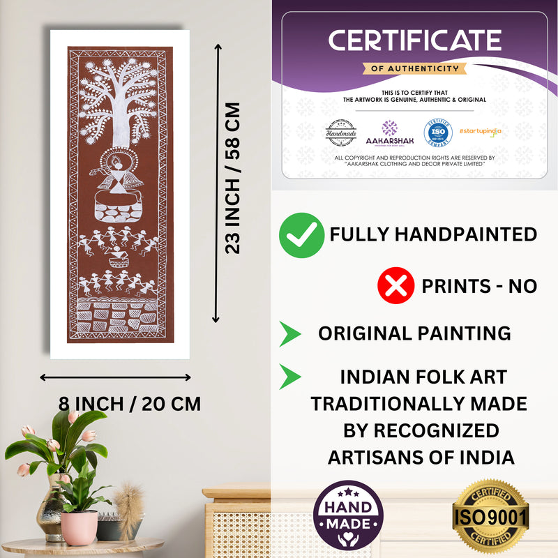 Framed artwork with dimensions, authenticity certificate and handmade iso certified-krishna warli painting