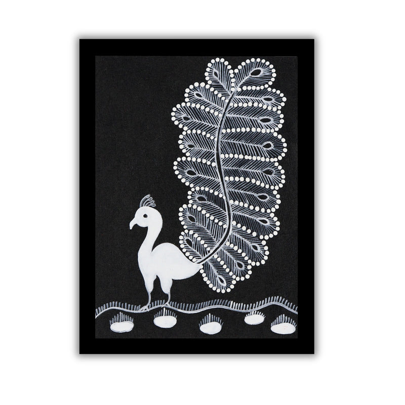 handmade warli painting peacock-in vibrant traditional folk art style