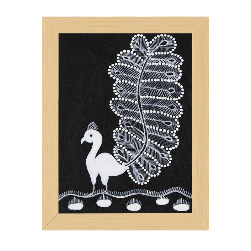 handmade warli painting peacock-in vibrant traditional folk art style