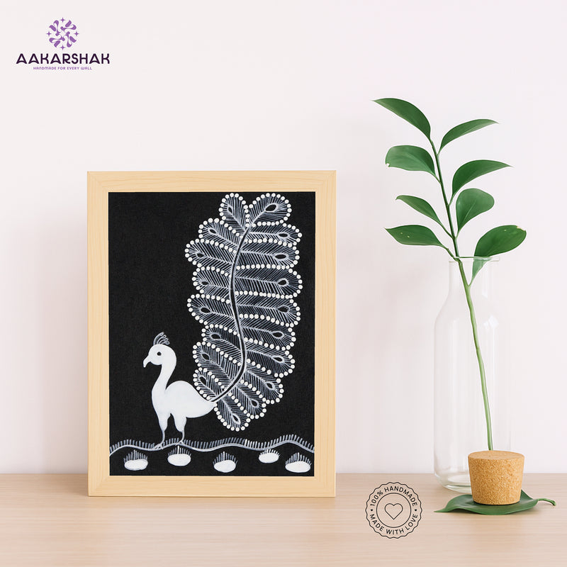 Handmade warli peacock painting-with tabletop stand for home decor