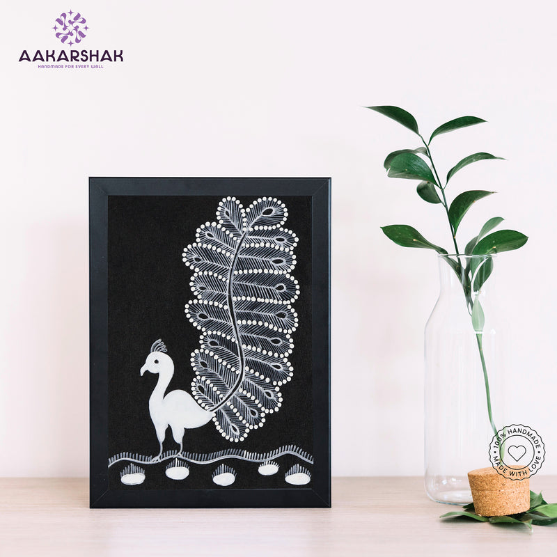 Handmade warli peacock painting-with tabletop stand for home decor