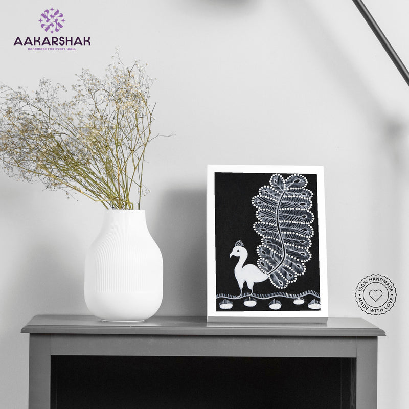 Handmade warli peacock painting-with tabletop stand for home decor