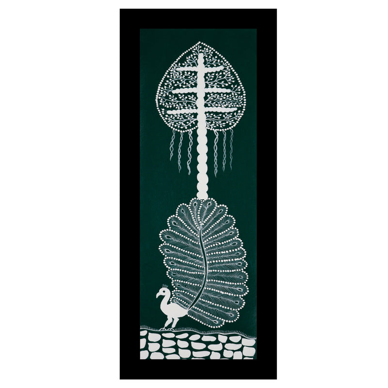 Framed artwork of a white peacock design-handmade warli painting