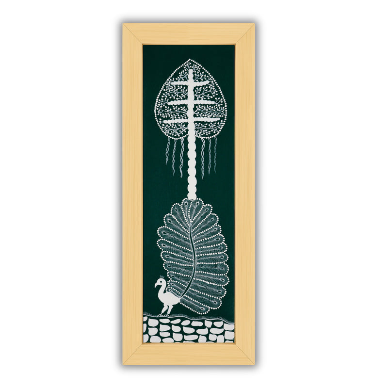 Framed artwork of a colorful peacock-with handmade warli painting