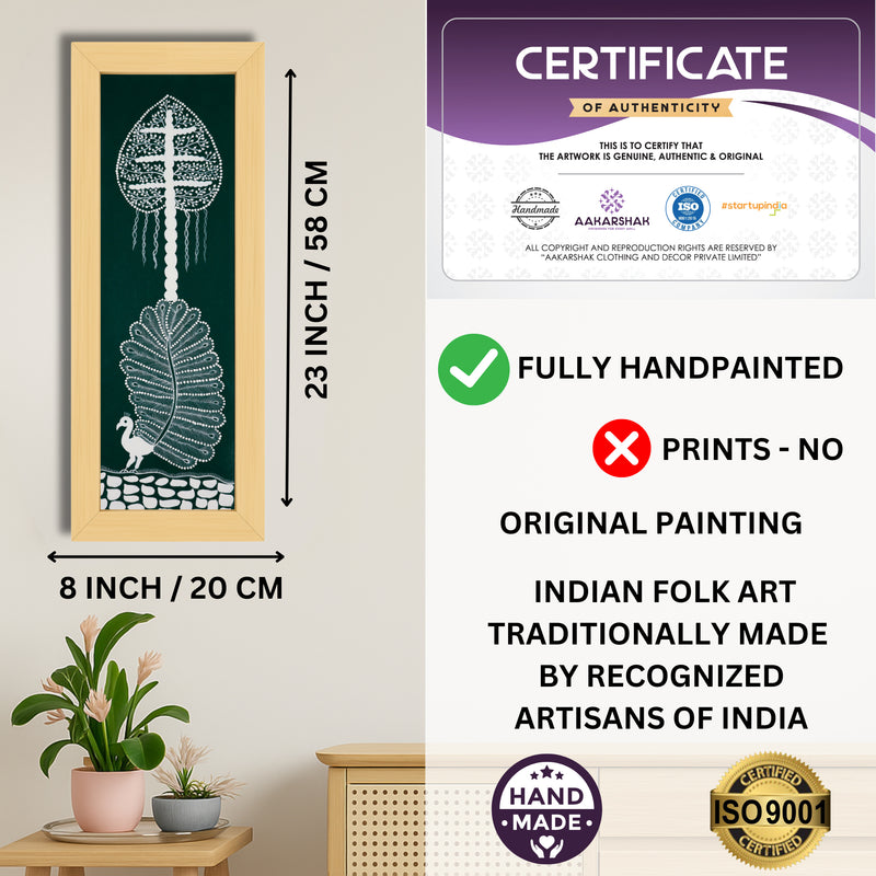 Framed artwork with dimensions, authenticity certificate and handmade iso certified-peacock warli painting
