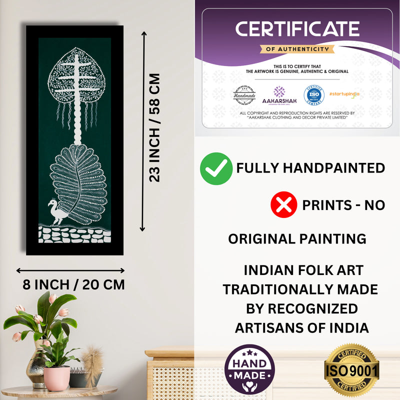 Framed artwork with dimensions, authenticity certificate and handmade iso certified-peacock warli painting