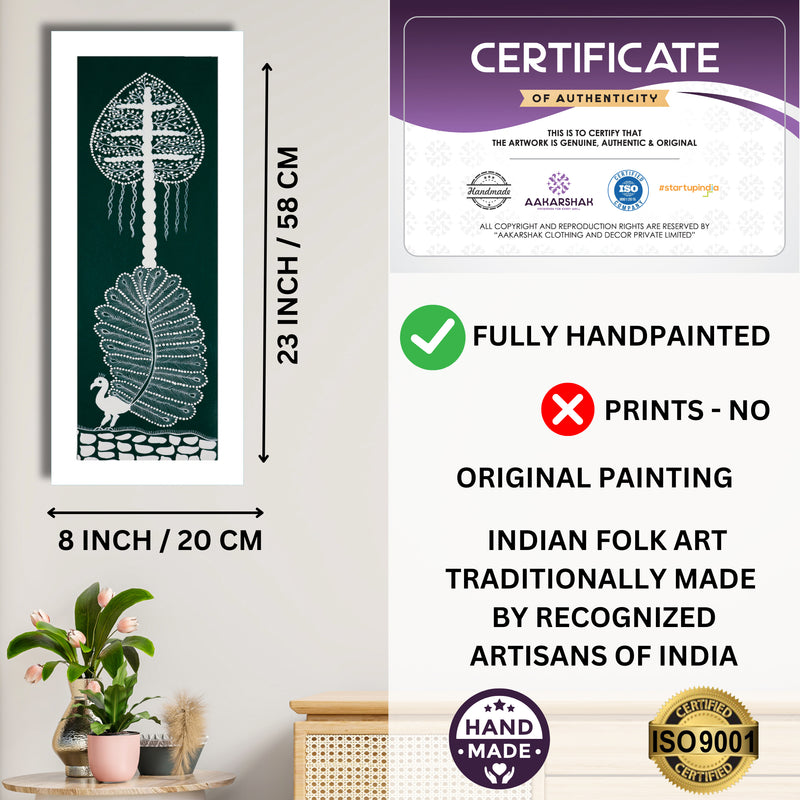 Framed artwork with dimensions, authenticity certificate and handmade iso certified-peacock warli painting