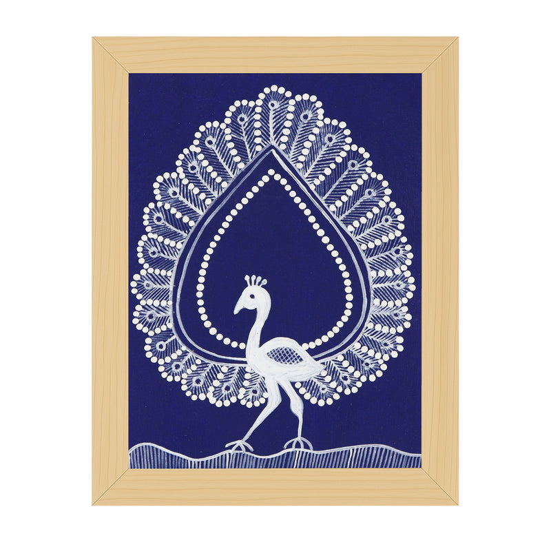 Framed artwork of a white peacock design on a blue background