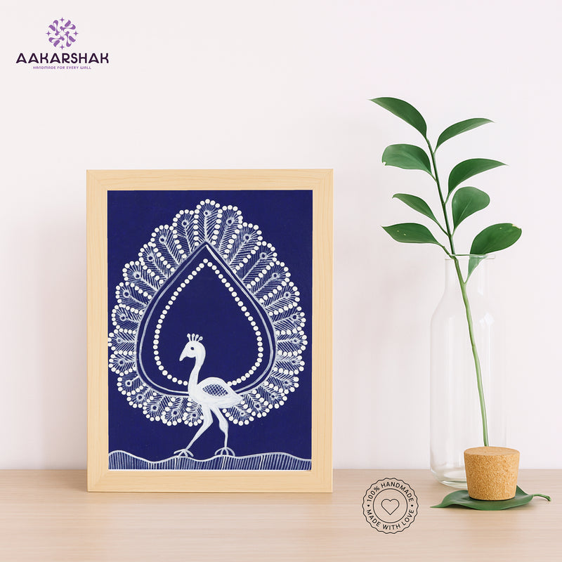 Handmade warli peacock painting-with tabletop stand for home decor