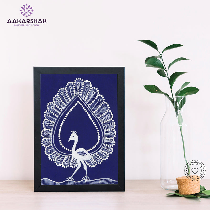 Handmade warli peacock painting-with tabletop stand for home decor