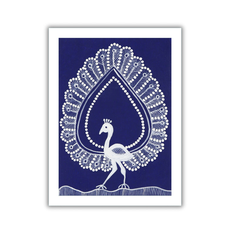 handmade warli painting peacock-in vibrant traditional folk art style