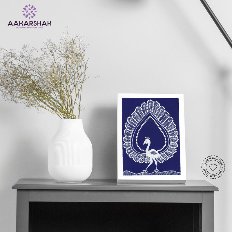 Handmade warli peacock painting-with tabletop stand for home decor