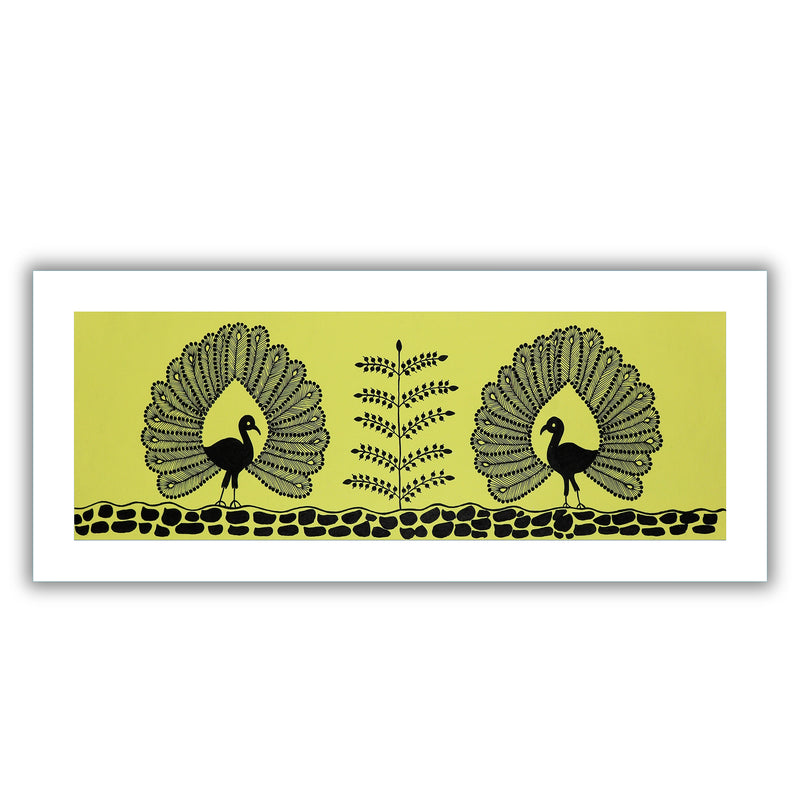 Framed artwork of a colorful peacock-with handmade warli painting