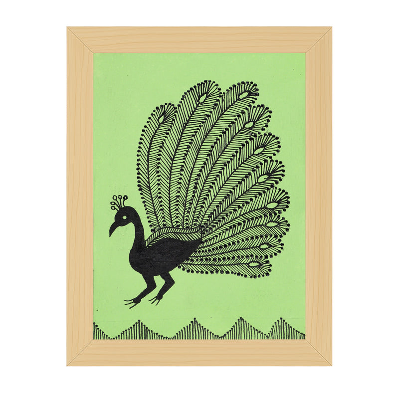 Framed artwork of a black peacock with a green background