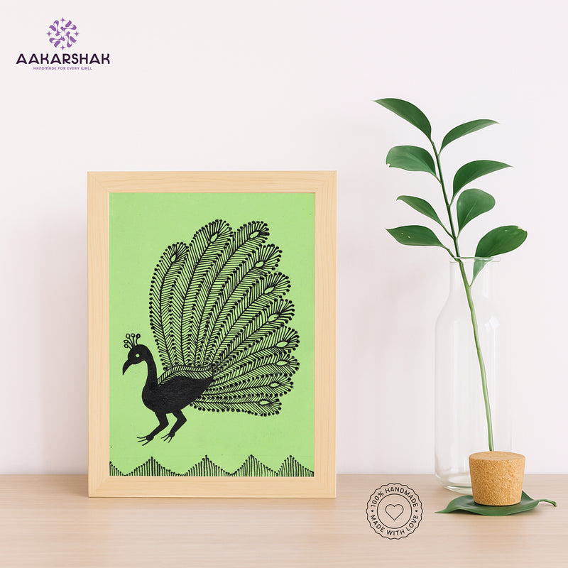 Handmade warli peacock painting-with tabletop stand for home decor