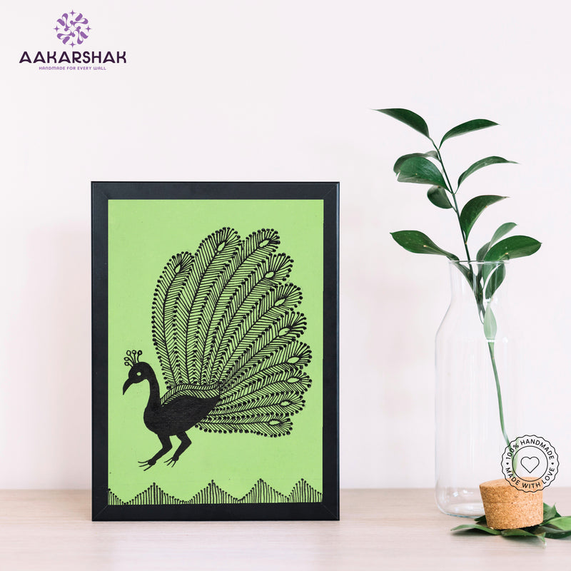 Handmade warli peacock painting-with tabletop stand for home decor
