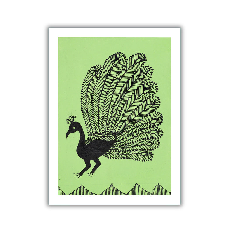 Framed artwork of a black peacock illustration on a green background
