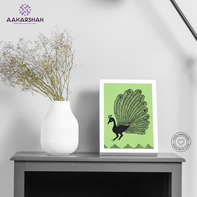 Handmade warli peacock painting-with tabletop stand for home decor