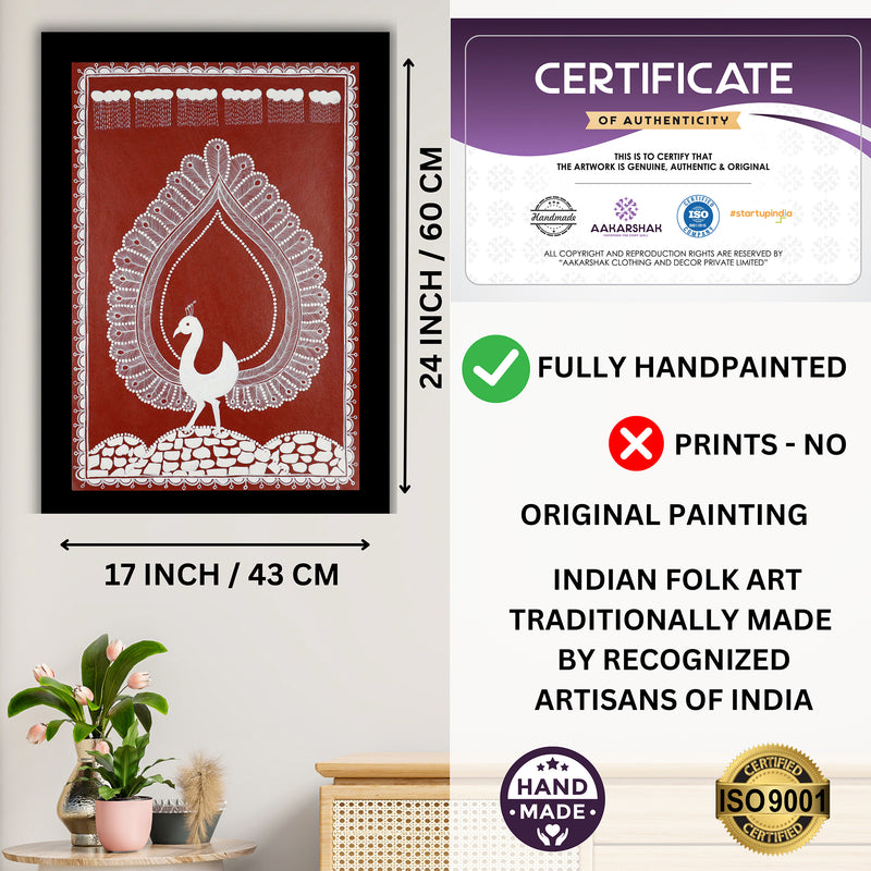 Handmade Warli Peacock Painting 17x24 Inch Framed Tribal Art
