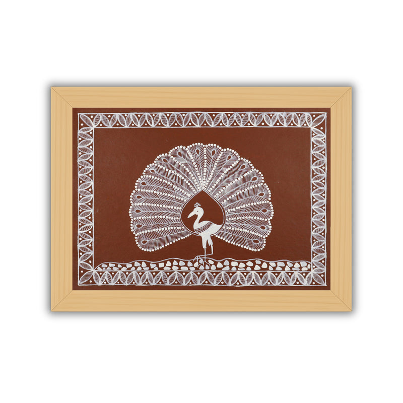 white peacock design on a brown background with handmade warli painting
