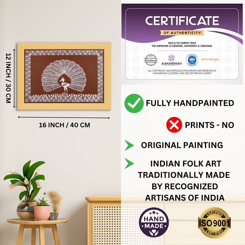 Framed artwork with dimensions, authenticity certificate and handmade iso certified-peacock warli painting