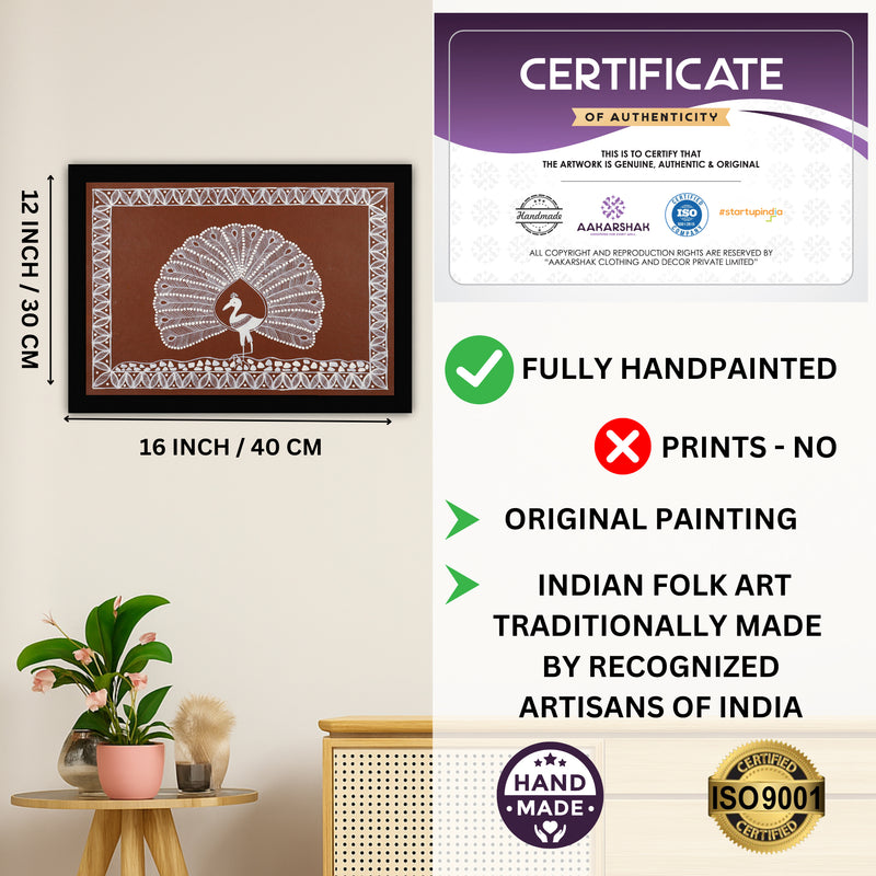 Framed artwork with dimensions, authenticity certificate and handmade iso certified-peacock warli painting