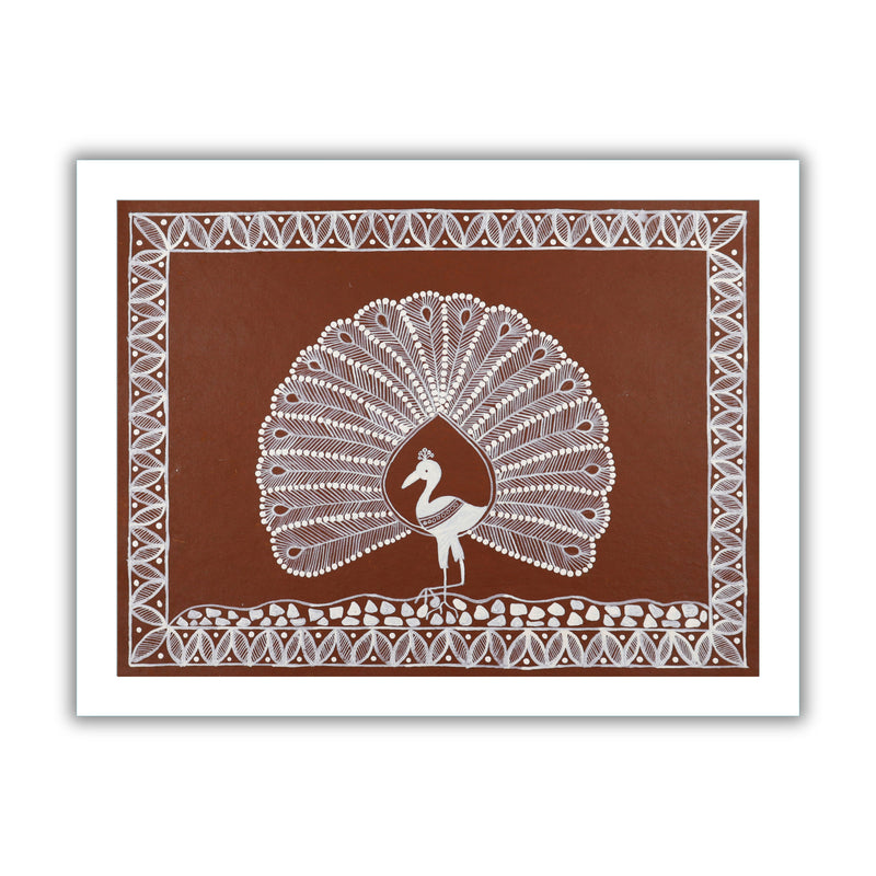 white peacock design on a brown background with handmade warli painting