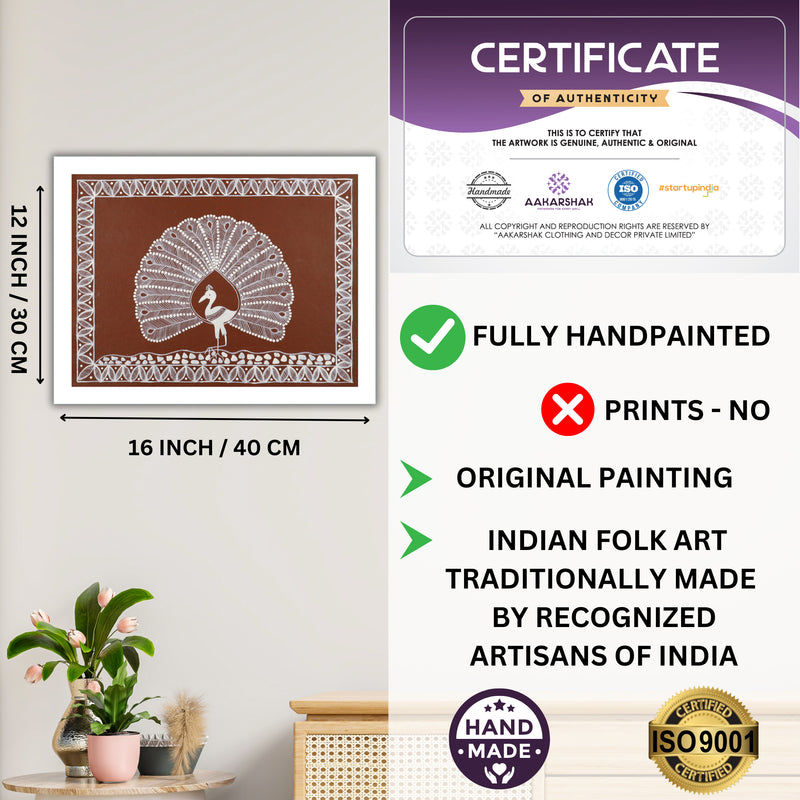 Framed artwork with dimensions, authenticity certificate and handmade iso certified-peacock warli painting