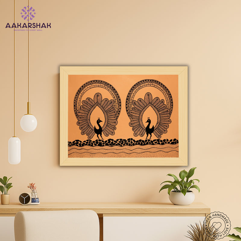 Handmade Warli Peacock Painting 17x24 Inch Framed Tribal Art
