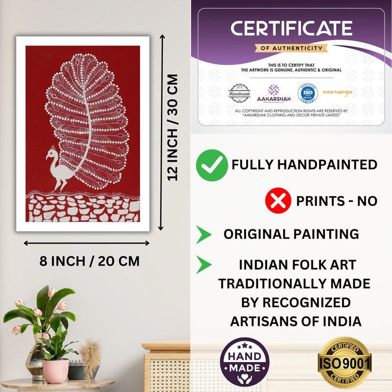 Framed artwork with dimensions, authenticity certificate-handmade iso certified-peacock warli painting