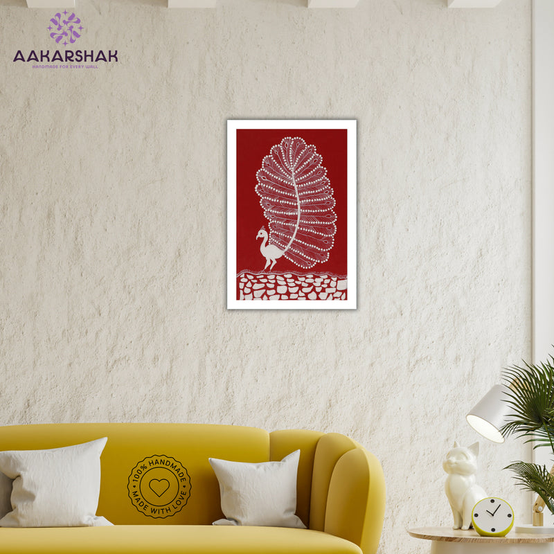 Handmade Warli Peacock Painting – 8x12 Inch Framed Tribal Art