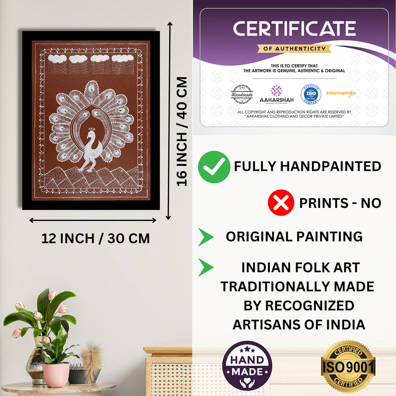 Framed artwork with dimensions, authenticity certificate and handmade iso certified-peacock warli painting