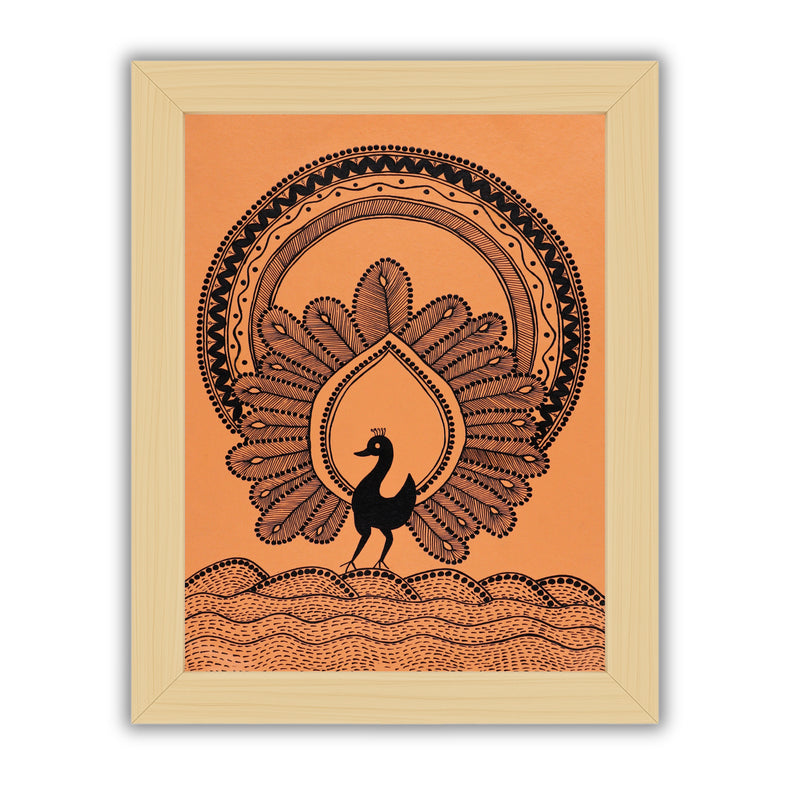 white peacock design on a orange background with handmade warli painting