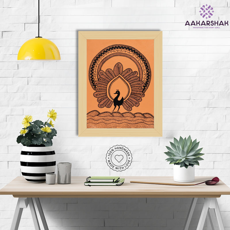Framed artwork with white peacock design on a orange background-handmade warli painting for home decor