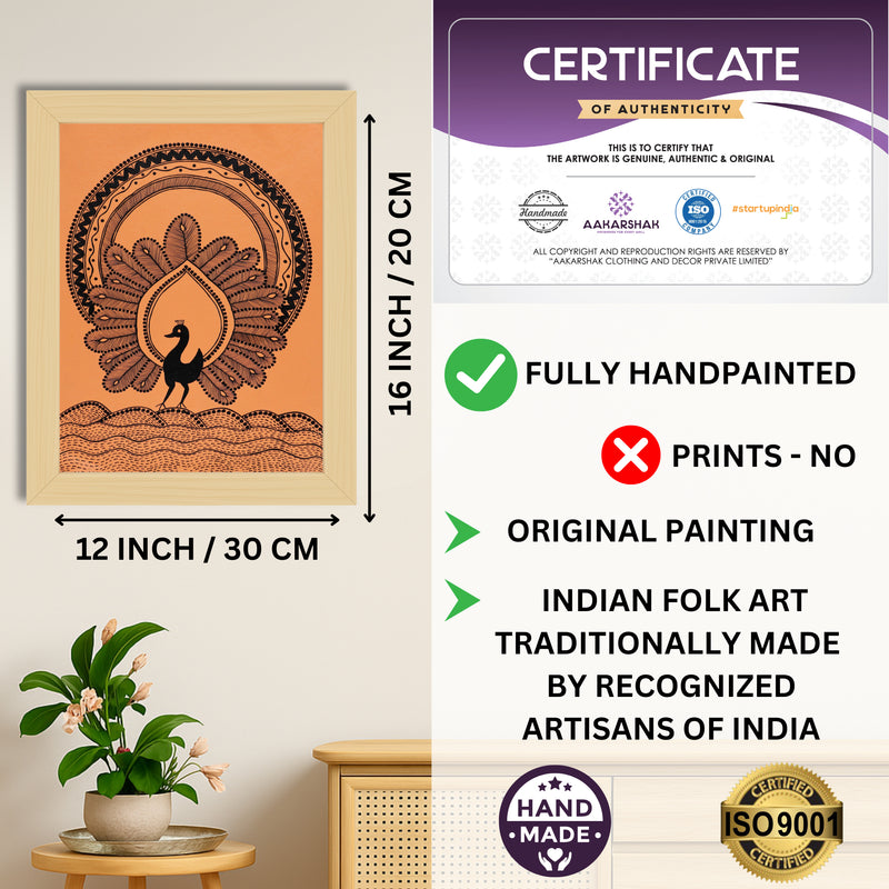 Framed artwork with dimensions, authenticity certificate and handmade iso certified-peacock warli painting
