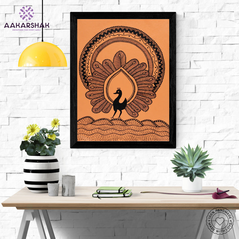 Framed artwork with white peacock design on a orange background-handmade warli painting for home decor