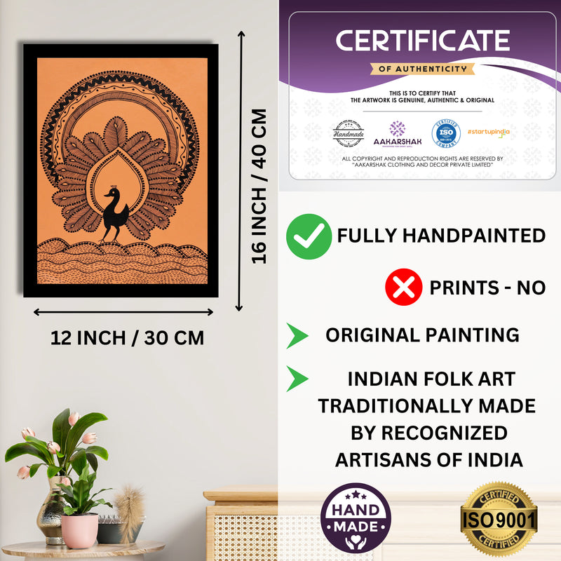 Framed artwork with dimensions, authenticity certificate and handmade iso certified-peacock warli painting