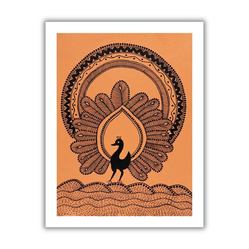 white peacock design on a orange background with handmade warli painting