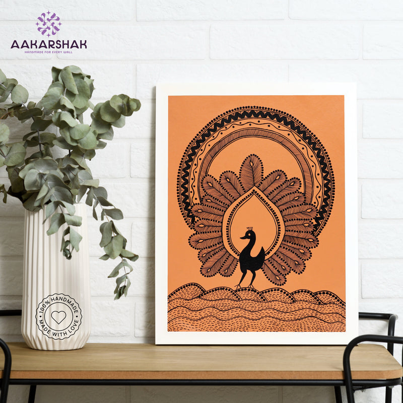 Framed artwork with white peacock design on a orange background-handmade warli painting for home decor