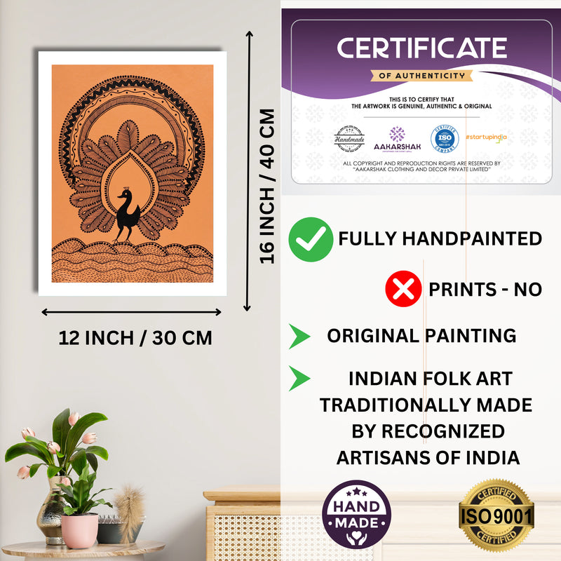 Framed artwork with dimensions, authenticity certificate and handmade iso certified-peacock warli painting