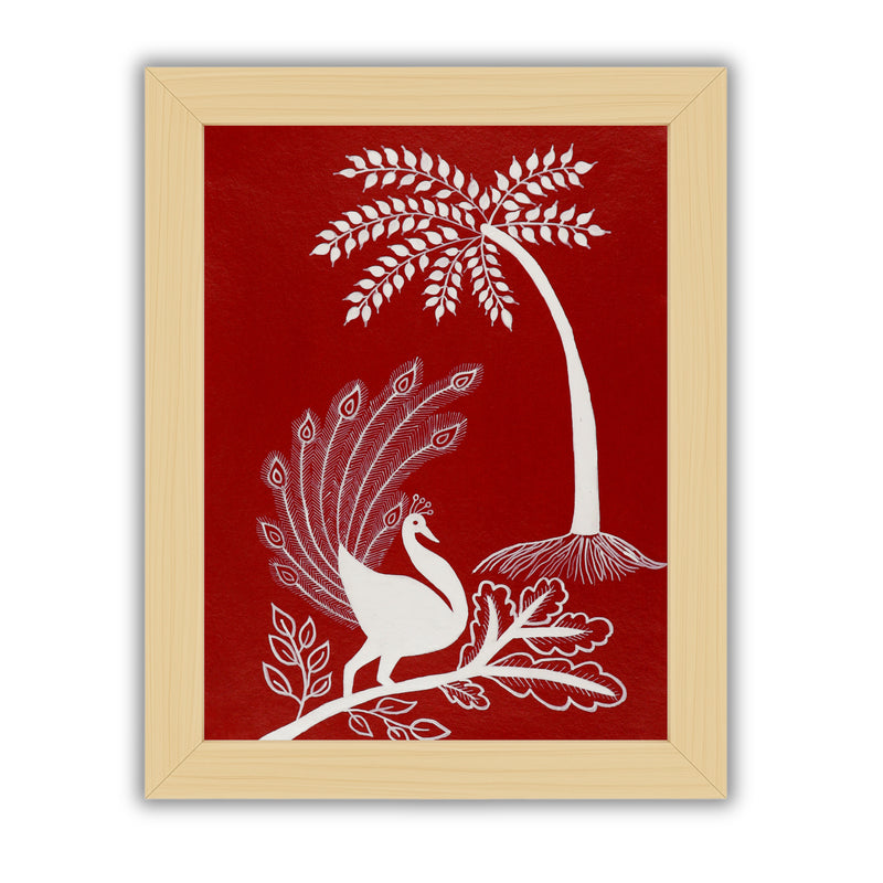 white peacock design on a red background with handmade warli painting