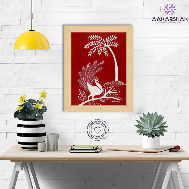 Framed artwork with white peacock design on a red background-handmade warli painting for home decor
