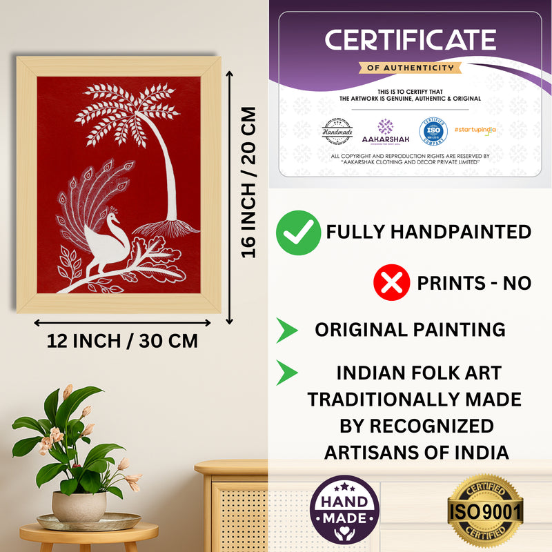 Framed artwork with dimensions, authenticity certificate and handmade iso certified-peacock warli painting