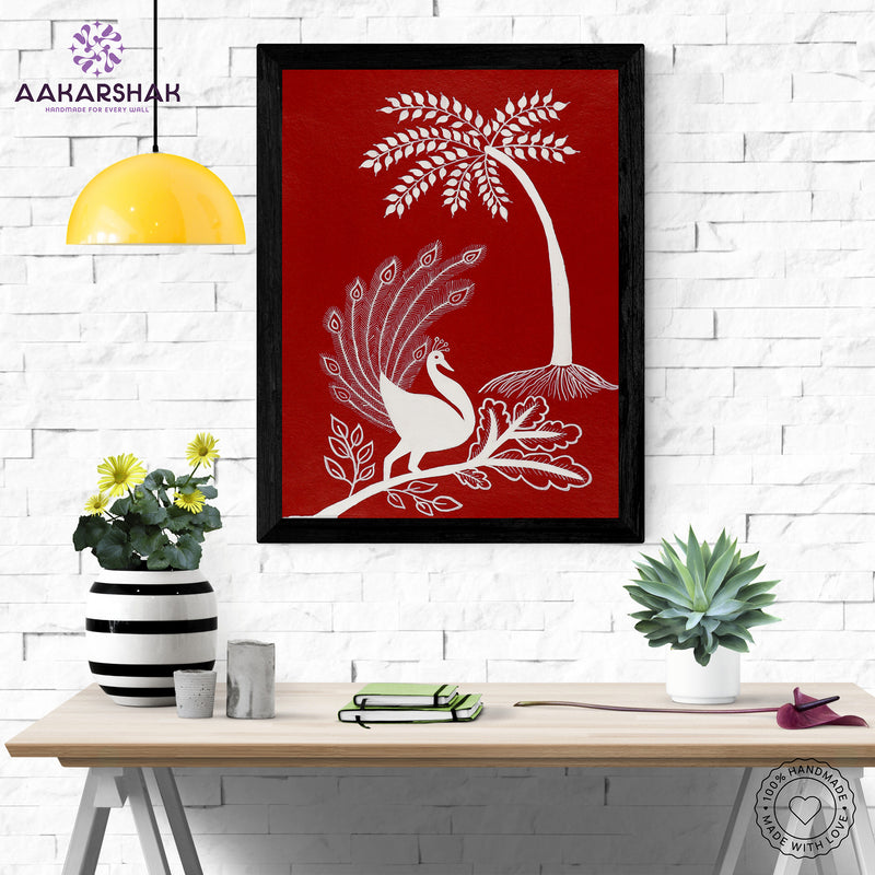 Framed artwork with white peacock design on a red background-handmade warli painting for home decor