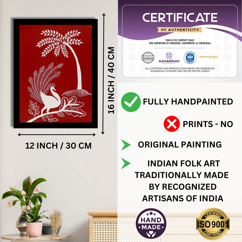 Framed artwork with dimensions, authenticity certificate and handmade iso certified-peacock warli painting