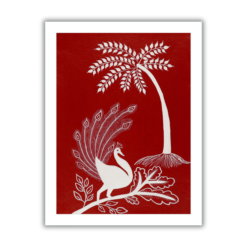 white peacock design on a red background with handmade warli painting